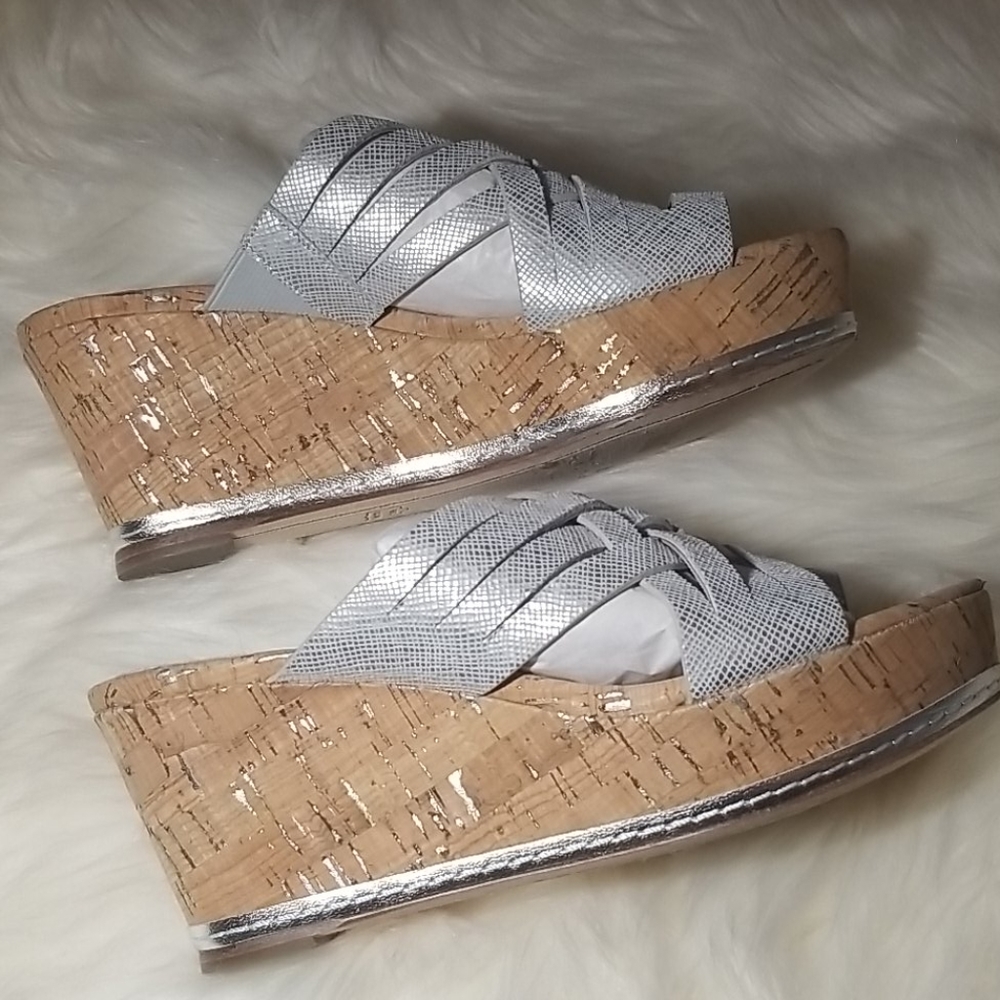 Donald J. Pliner Silver Leather Cork Wedge Sandals